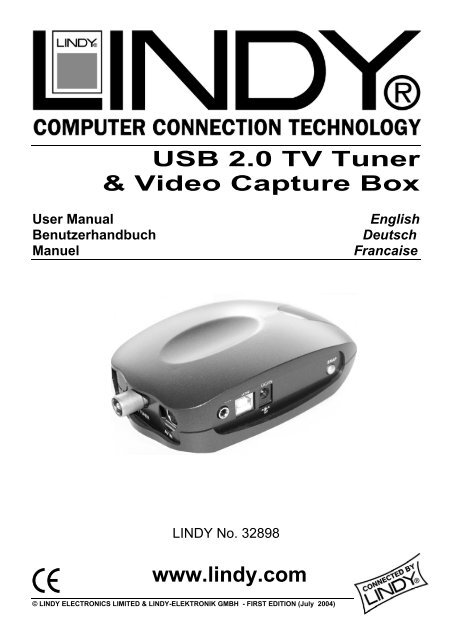 USB 2.0 TV Tuner &amp; Video Capture Box www.lindy.com