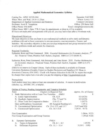 Syllabus Catalog No. - Applied Economics and Statistics - Clemson ...