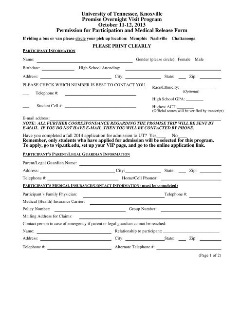 Permission For Participation Medical Release Form Office Of