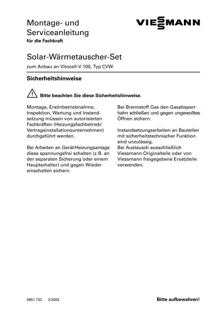 Montage und Serviceanleitung Solar Wärmetauscher Set