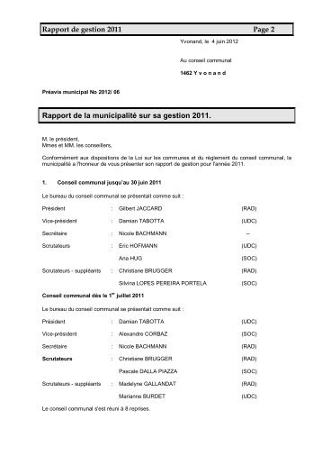 PrÃƒÂ©avis 2012/06 Rapport de gestion 2011 - Yvonand