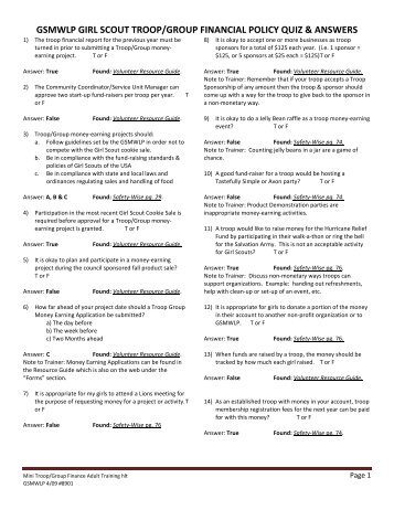 gsmwlp girl scout troop/group financial policy quiz & answers