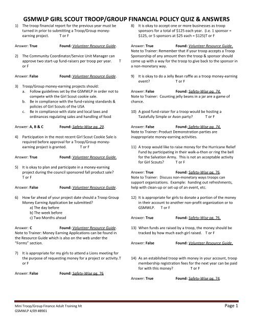 gsmwlp girl scout troop/group financial policy quiz & answers