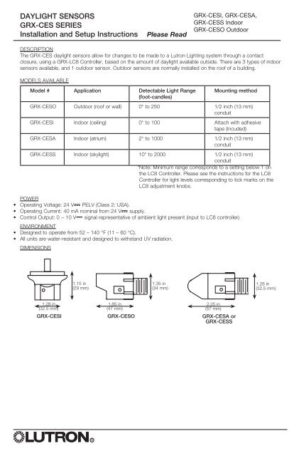 Daylight Sensors Grx Ces Series Installation And Lutron