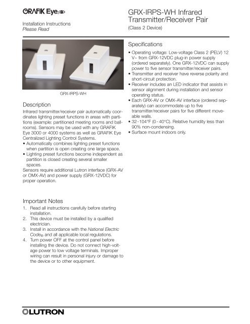 GRX-IRPS-WH Infrared Transmitter/Receiver Pair - Lutron