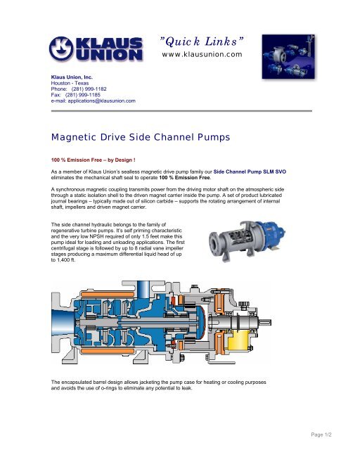 Quick Linksâ - Sealless Magnetic Drive Pumps