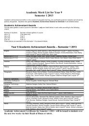 Academic Merit List for Year 9 Semester 1 2013