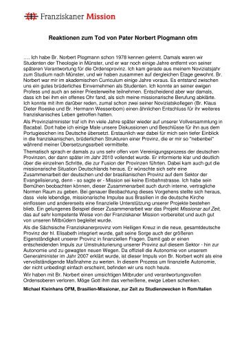 Reaktionen zum Tod von Pater Norbert Plogmann ofm - Neue ...