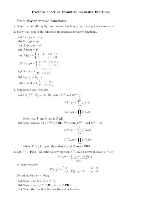 Exercise sheet 4: Primitive recursive functions Primitive ... - Inria