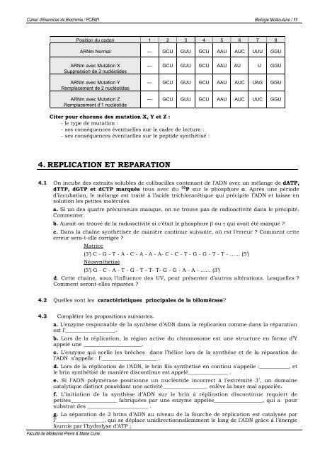 PCEM1 CAHIER D'EXERCICES de BIOCHIMIE 4. Biologie ...