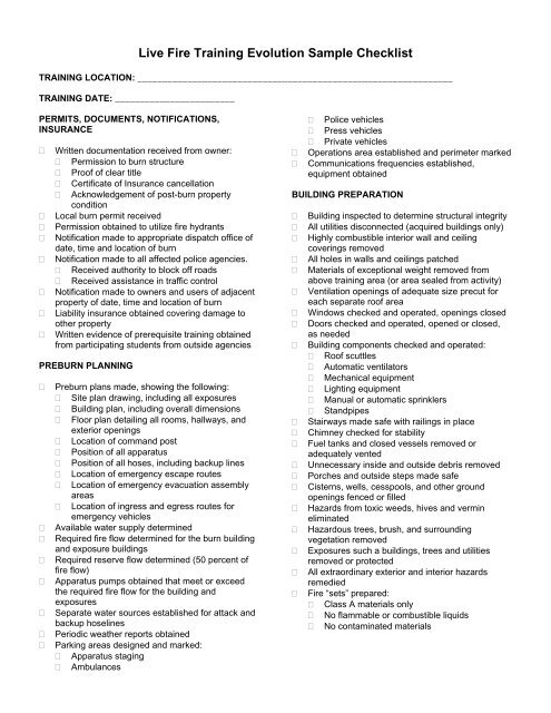 Live Fire Training Evolution Sample Checklist