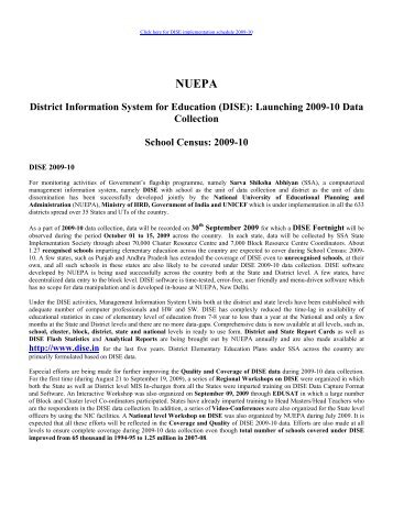 District Information System for Education (DISE): Launching 2009-10 ...