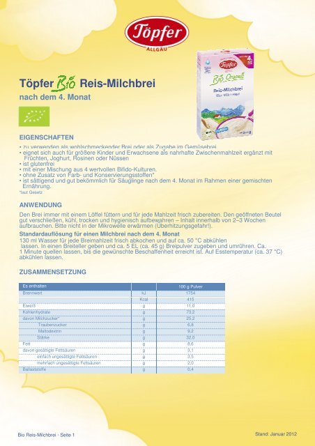 Töpfer Reis-Milchbrei nach dem 4. Monat - Töpfer Online Shop