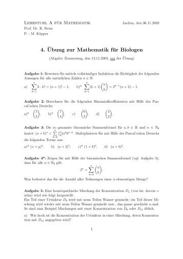 4. ¨Ubung zur Mathematik für Biologen - Lehrstuhl A für Mathematik