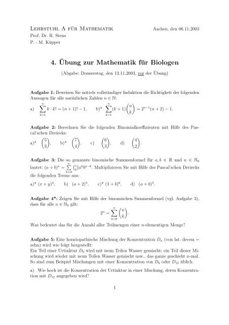 4. ¨Ubung zur Mathematik für Biologen - Lehrstuhl A für Mathematik