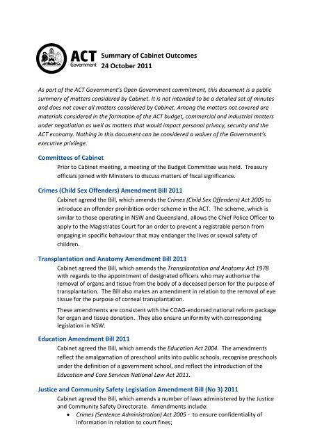 24 October 2011 Summary Of Cabinet Outcomes Chief Minister