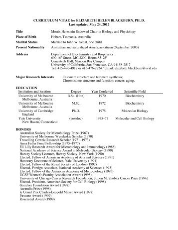 CURRICULUM VITAE for ELIZABETH HELEN BLACKBURN, PH. D ...