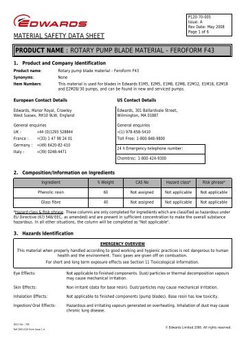 ROTARY PUMP BLADE MATERIAL - FEROFORM F43 - Edwards