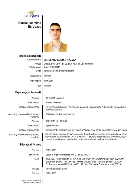 Curriculum vitae Europass - Facultatea de Mecanica Craiova ...