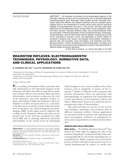 BRAINSTEM REFLEXES: ELECTRODIAGNOSTIC TECHNIQUES ...