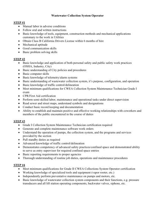 Wastewater Collection System Operator STEP #1 â¢ Manual labor in ...