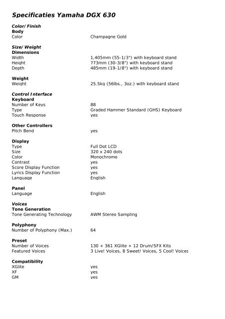 Specificaties Yamaha DGX 630 - Clavis Piano's