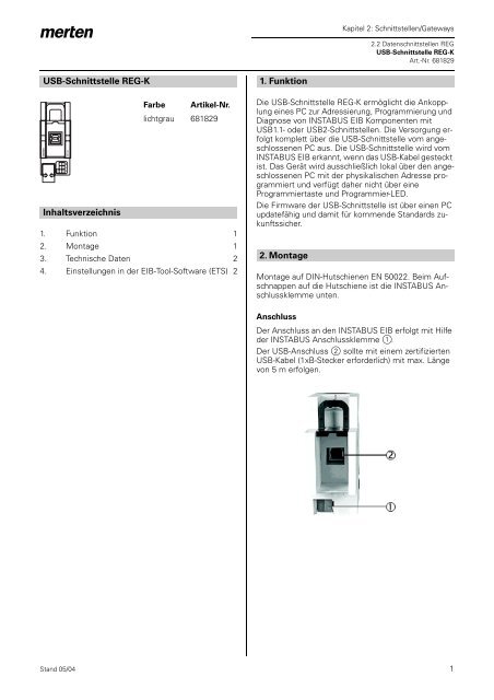 USB-Schnittstelle REG-K Inhaltsverzeichnis 1. Funktion 2 ... - Merten