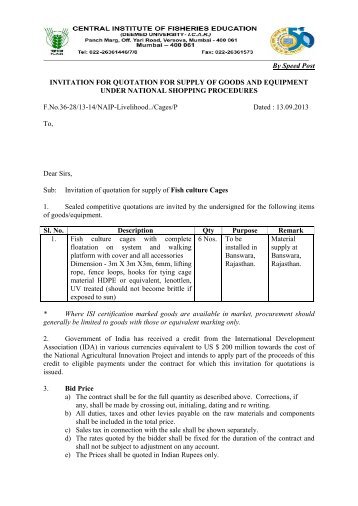 Invitation of quotation for supply of Fish culture Cages