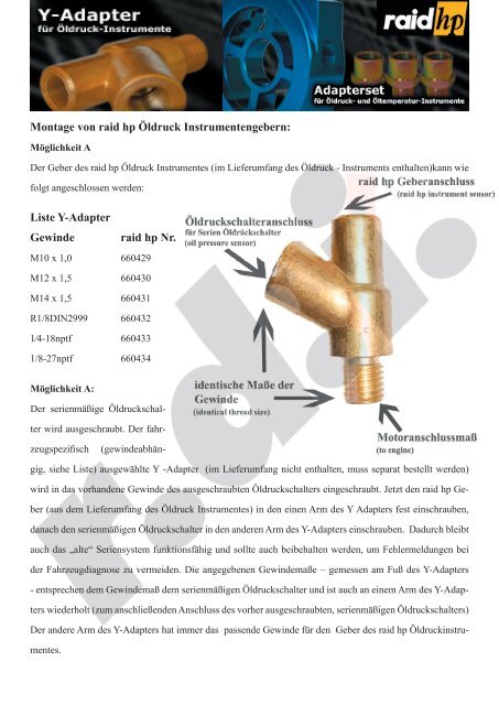 Montage von raid hp Ãldruck Instrumentengebern: Liste Y-Adapter ...