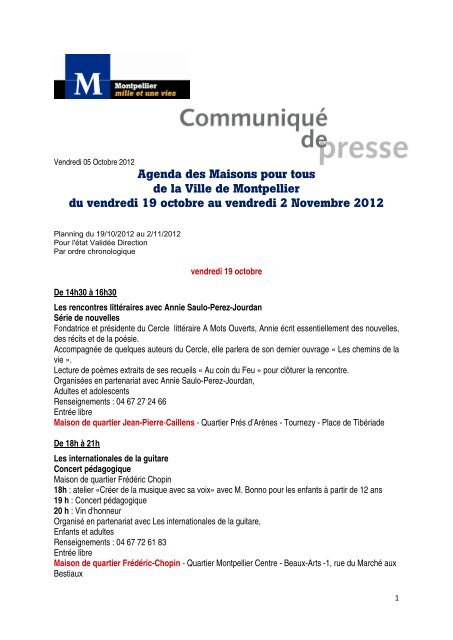 Agenda des Maisons pour tous de la Ville de Montpellier du ...