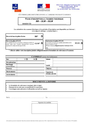 Formulaire d'inscription aux examens BB/ULM/IULM annÃ©e 2011
