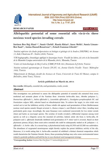 Allelopathic potential of some essential oils vis-à-vis three noxious weed species invading cereals