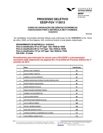 PROCESSO SELETIVO EESP-FGV 1Âº/2012 - Processos seletivos FGV