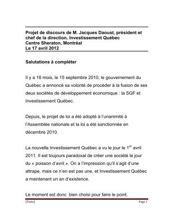 Projet de discours de M. Jacques Daoust, prÃ©sident et chef de la ...