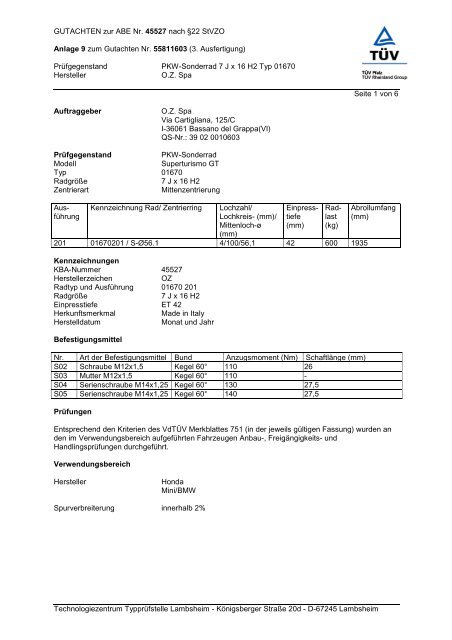 GUTACHTEN zur ABE Nr. 45527 nach Ã‚Â§22 StVZO Anlage 9 zum ...