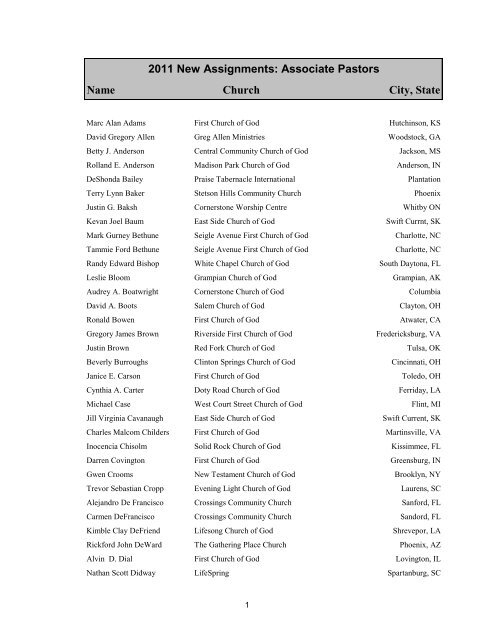 Name Church City, State 2011 New Assignments ... - Church of God