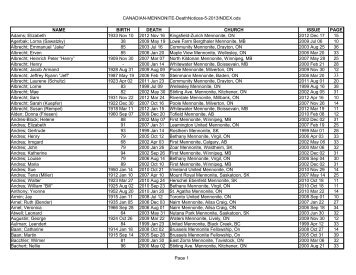 Canadian Mennonite Death Notices 4 2013 INDEX - PDF