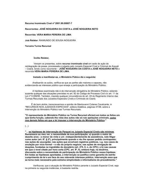 Recurso Inominado CÃ­vel - MinistÃ©rio PÃºblico do Estado do CearÃ¡