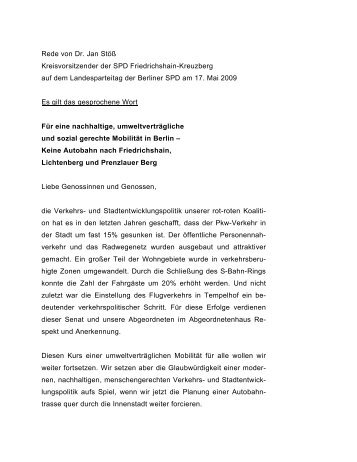 Rede von Dr. Jan StÃ¶Ã Kreisvorsitzender der SPD Friedrichshain ...