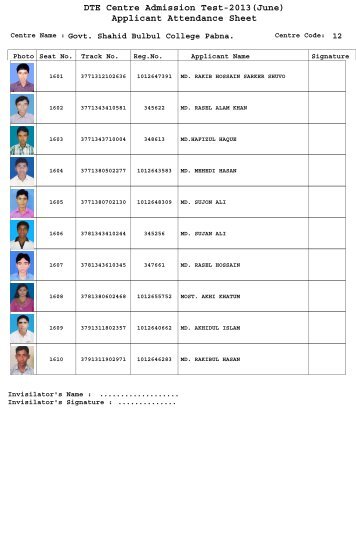 DTE Centre Admission Test-2013(June) Applicant Attendance Sheet