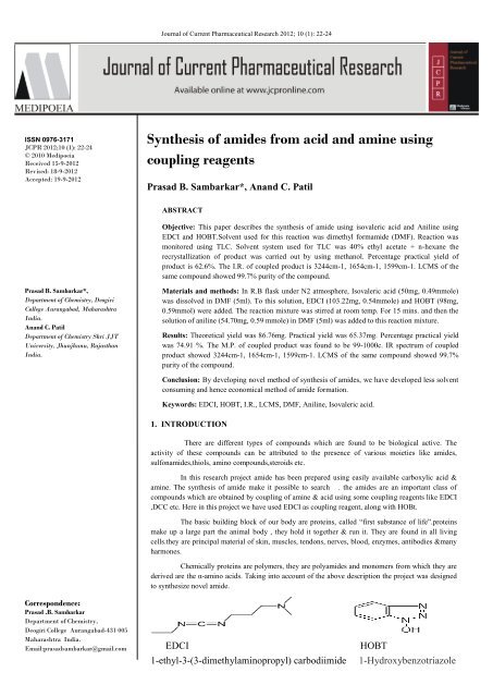 Synthesis of amides from acid and amine using - Journal of Current ...