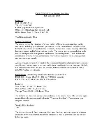 FNCE 235/725: Fixed Income Securities Fall Semester 2004 ...