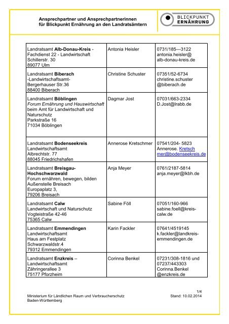 Ansprechpartner und Ansprechpartnerinnen fÃ¼r - ErnÃ¤hrung