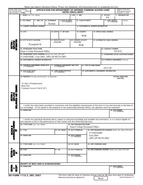 DD Form 1172-2, Application for Department of ... - Osan Air Base