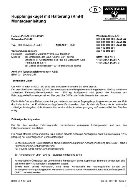 Kupplungskugel mit Halterung (KmH) Montageanleitung - Westfalia