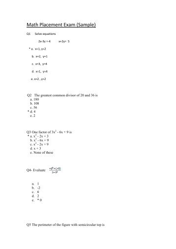 Math Placement Exam (Sample)