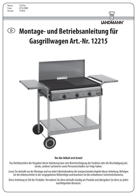 Montage Und Betriebsanleitung Fur Gasgrillwagen Art Nr 12215
