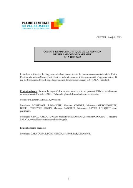 Compte-rendu analytique du bureau du 05/06/2013