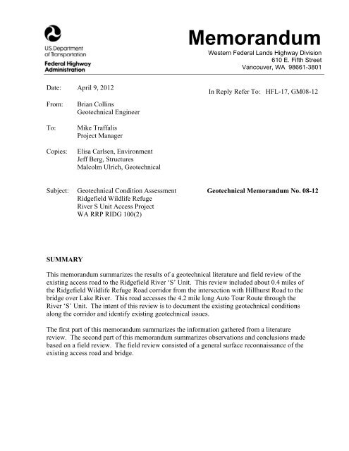 Memorandum - Western Federal Lands Highway Division - U.S. ...