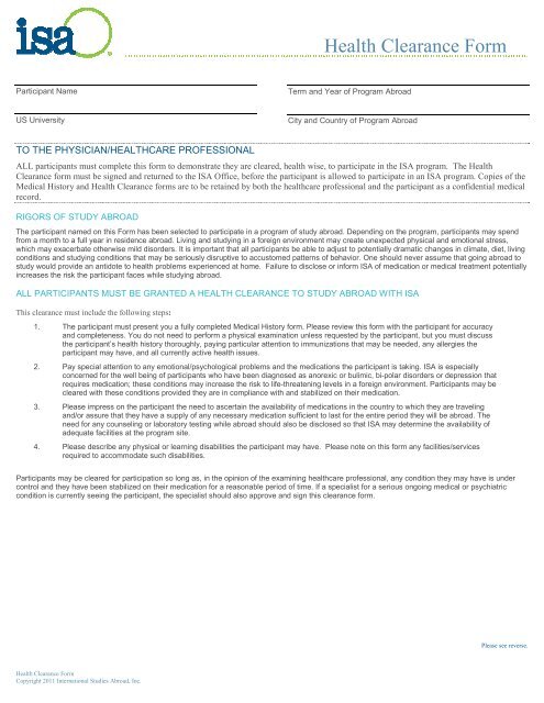 ISA Health Clearance Form.pdf - Learning Abroad Center